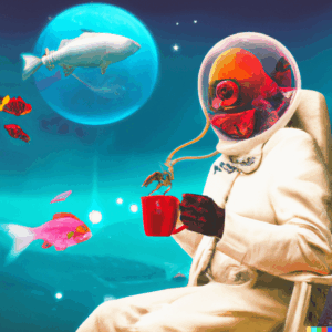 it's time for a tea a red astronaut with laser eyes and a goldfish in the cable car welsche riding over cotton candy panorama with dark atomic lighting