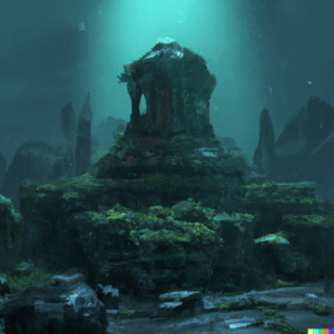 Abandoned temple on an alien rocky and foggy planet, indricate lighting, rain