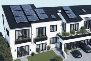 modern multi family house with black roof tiles and solar elements